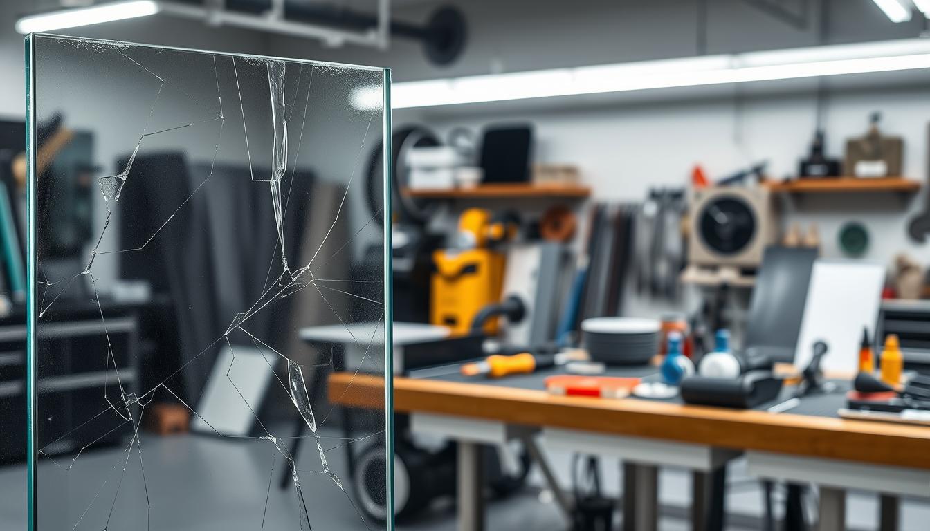 A close-up of a cracked glass panel standing upright in a professional workshop, surrounded by tools and repair materials—capturing the behind-the-scenes view of expert craftsmanship offered by local “glass repair near me” services.