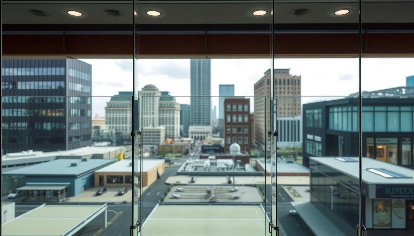 A clear view of a modern city skyline through spotless commercial glass panels, highlighting the results of expert “glass repair near me” services in a high-rise building in the DMV area.