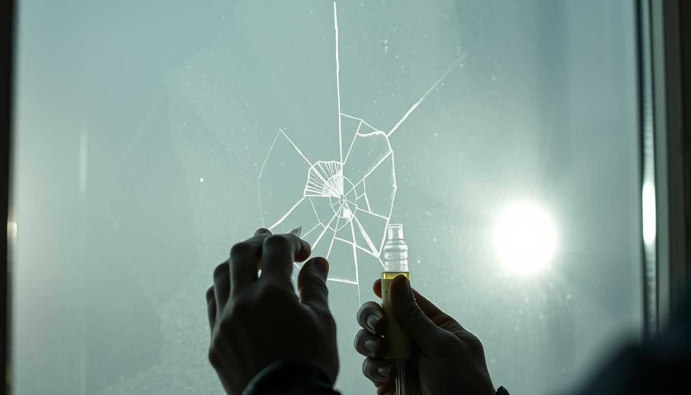 Close-up of a technician’s hands applying resin to a cracked, foggy window, showing the detailed process involved in professional foggy window glass repair and restoring clarity to damaged glass.