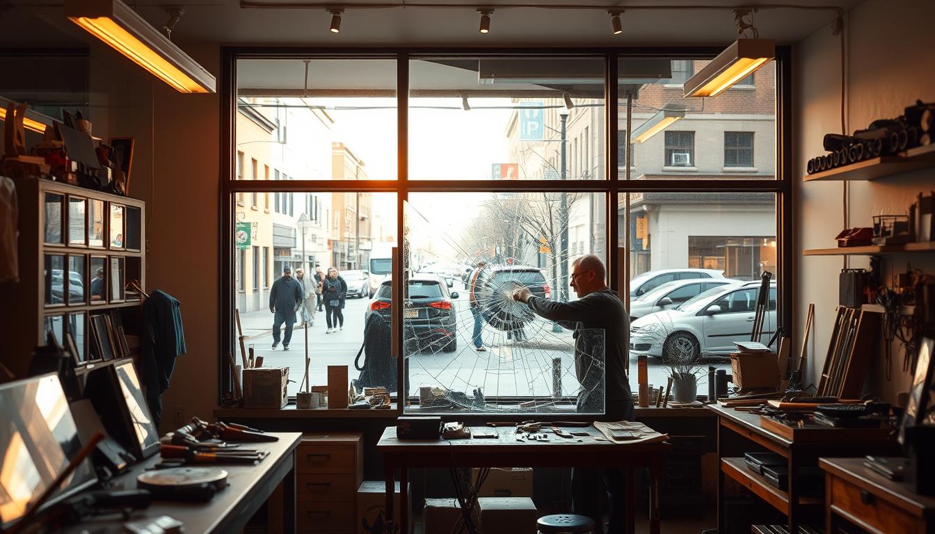 A skilled technician works on a cracked storefront window in a neighborhood shop, capturing the essence of “glass repair near me” as life continues outside with people walking by and cars lining the street.