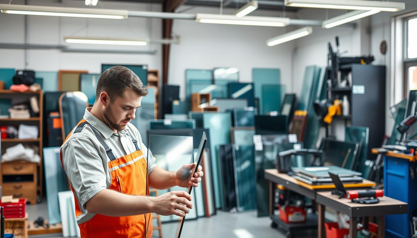 Technician inspecting a glass panel in a workshop, representing professional window glass replacement services.