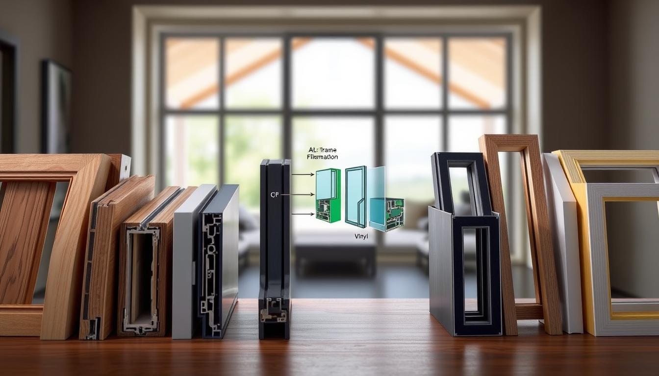 Comparison of various window frame materials, including wood, vinyl, aluminum, and composite options, displayed with cross-section samples and labeled diagram for energy-efficient window construction.