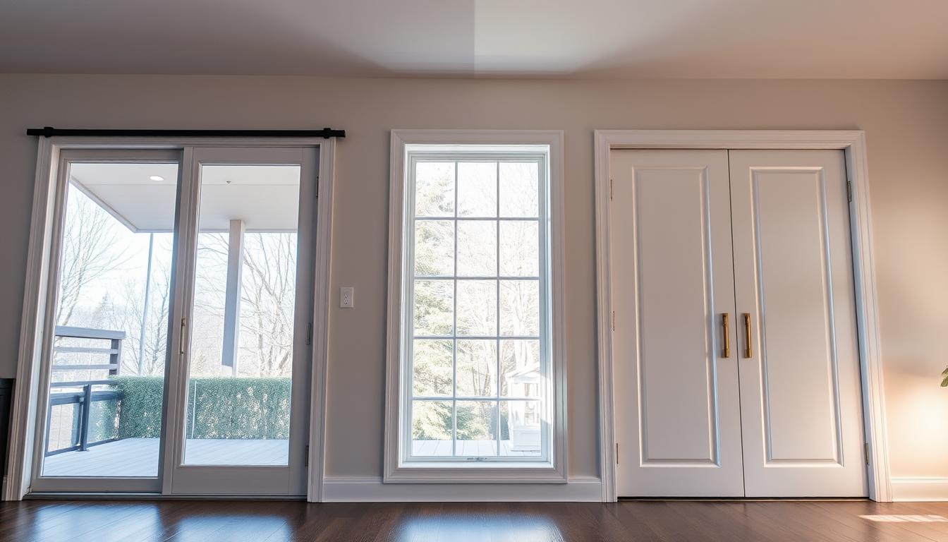 Interior view showing a newly installed sliding glass door next to a large window and closed double doors, illustrating a clean and finished result typical of professional sliding door replacement.
