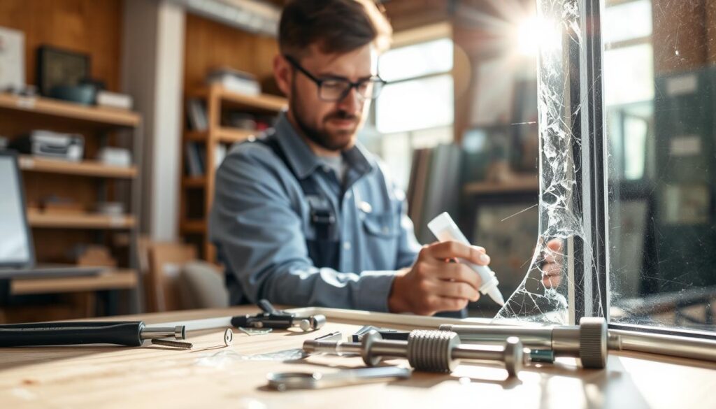 Technician repairing cracked window glass using adhesive in a workshop with professional tools on the table
