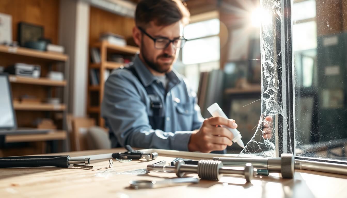 Technician repairing cracked window glass using adhesive in a workshop with professional tools on the table
