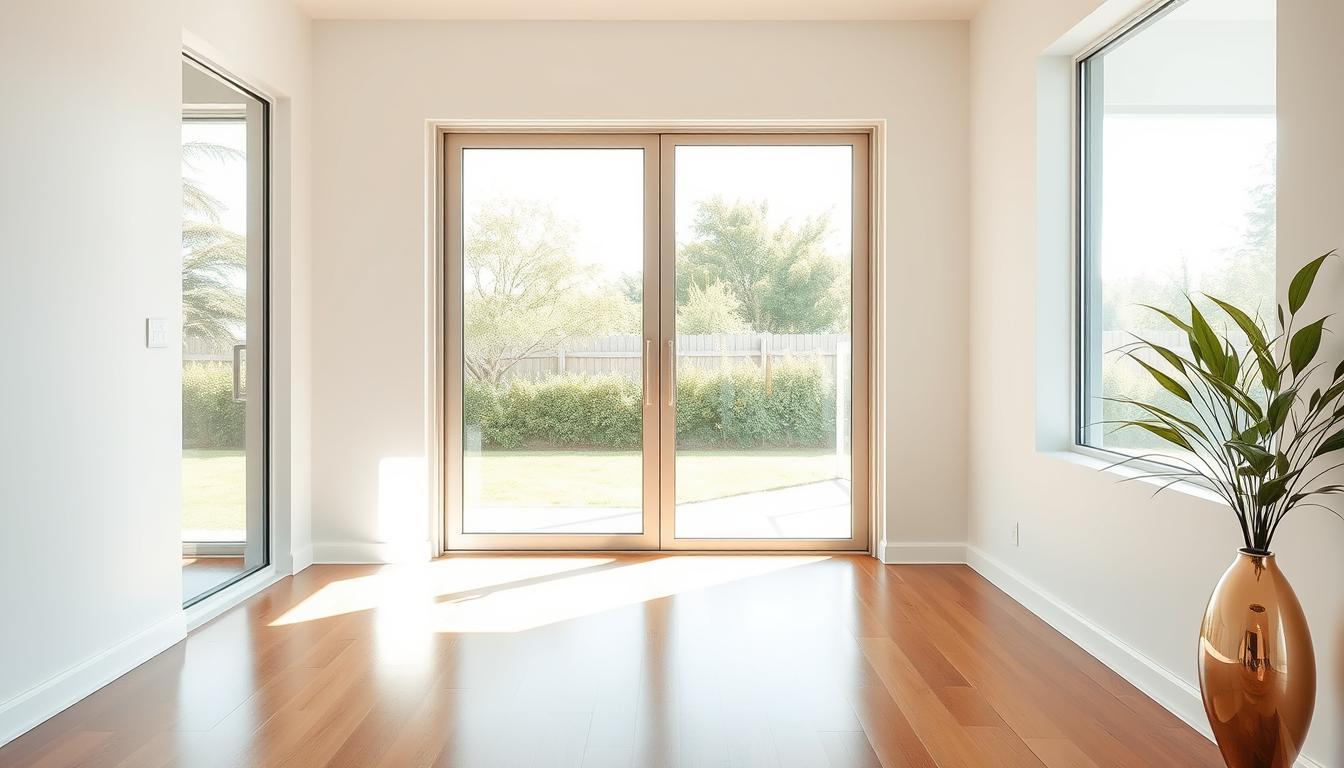 Modern sliding glass door replacement in a bright room with hardwood flooring, offering a clear view of a landscaped backyard.