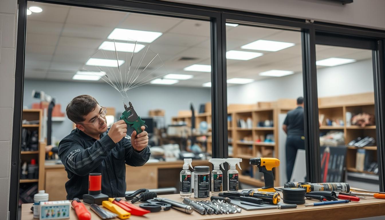 Technician repairing commercial window glass inside an office space using specialized tools and equipment on a workbench