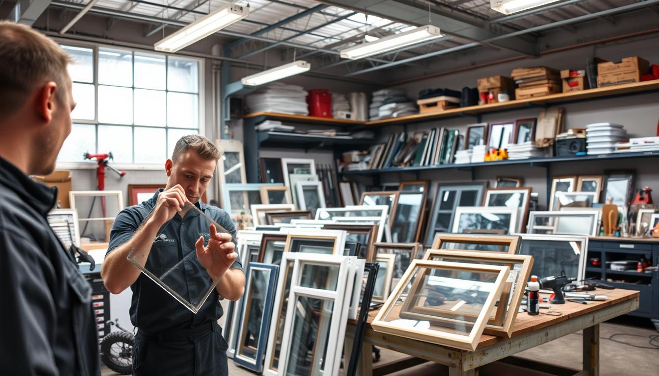 Technicians preparing glass panes in a professional window glass repair workshop with various window frames and tools organized on shelves and tables