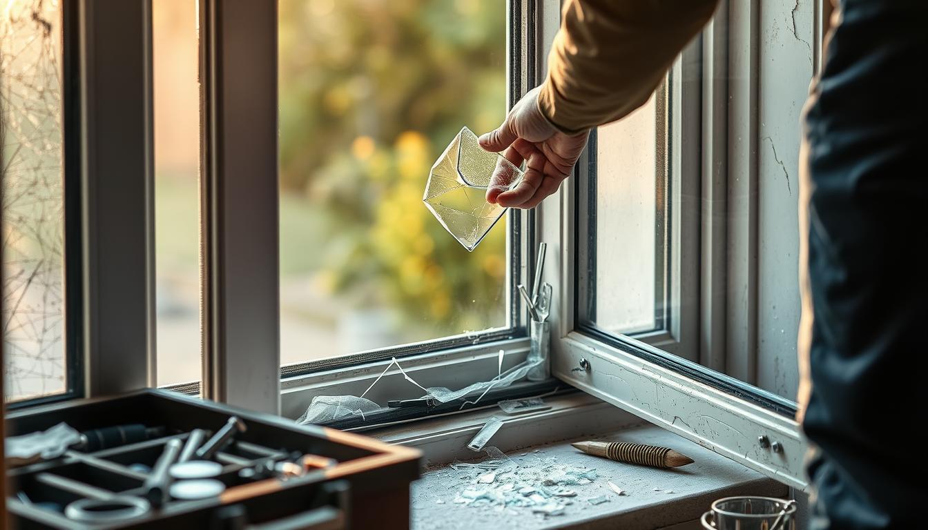Technician removing a broken glass pane from a residential window during a home glass repair with tools and shards visible on the windowsill