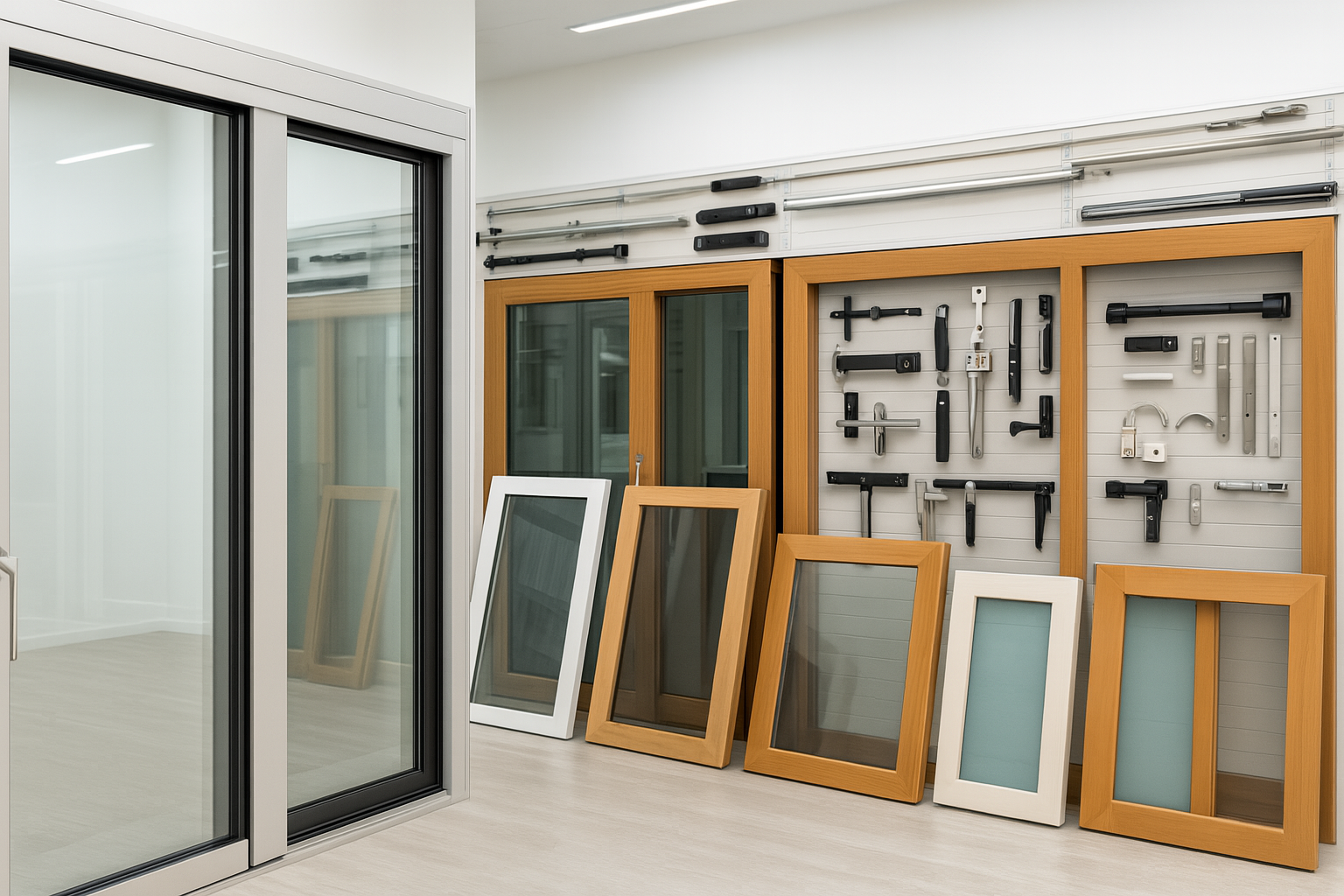 Showroom displaying various sliding glass door replacement options with aluminum and wood frames, glass panels, and hardware components mounted on the wall.