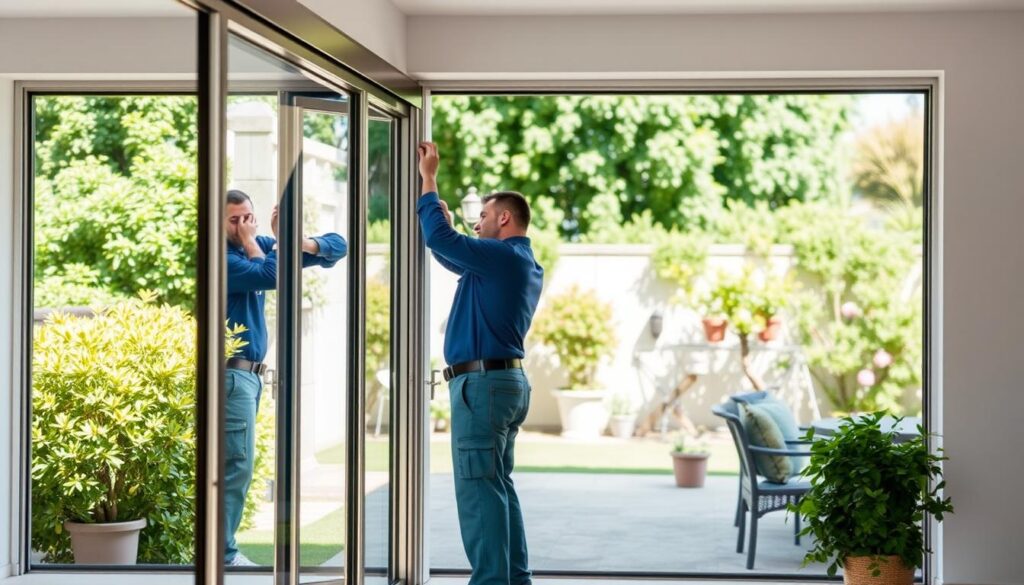 Technician installing a new sliding glass door in a modern home, with patio furniture and greenery visible outside through the open frame.