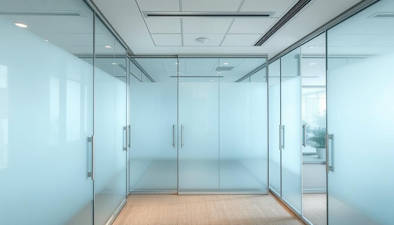 Private office corridor featuring frosted glass partitions that enhance confidentiality while preserving a modern and airy workspace design.