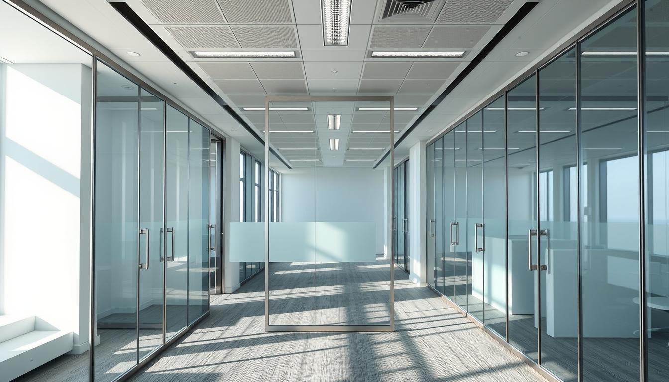 Modern office interior featuring sleek glass partitions that create private workspaces while maintaining an open and light-filled environment.