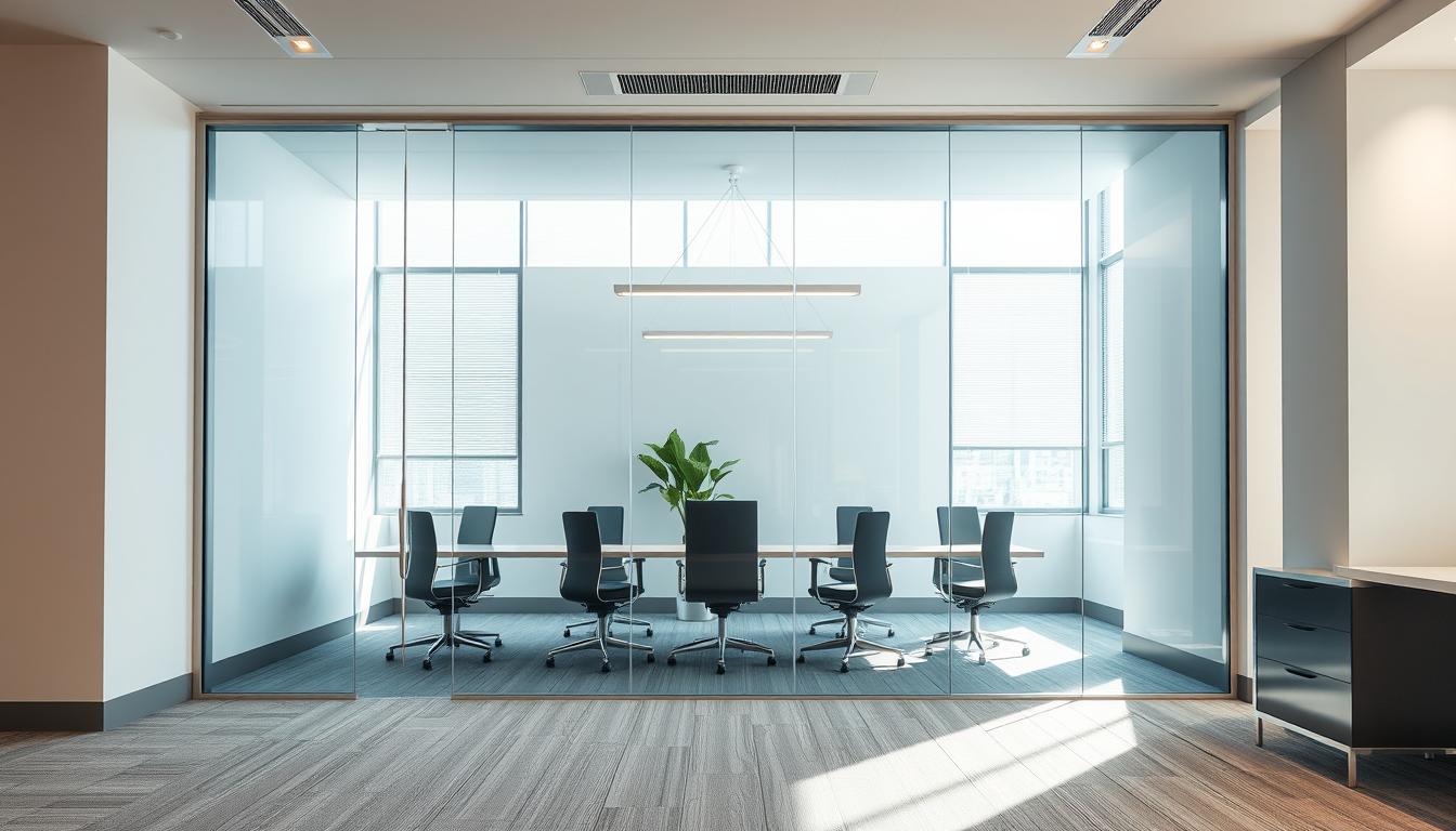 Sleek glass partition design idea for a modern conference room, featuring floor-to-ceiling transparent panels that enhance light flow and visual openness.