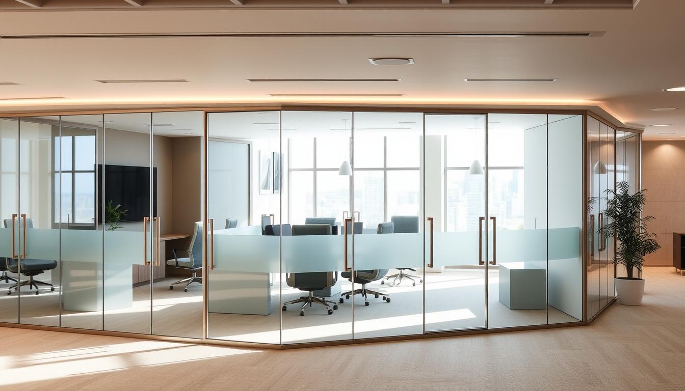 Elegant glass partition systems in a modern office, featuring frosted panels and wood-framed doors to enhance privacy while maintaining a bright, open layout.