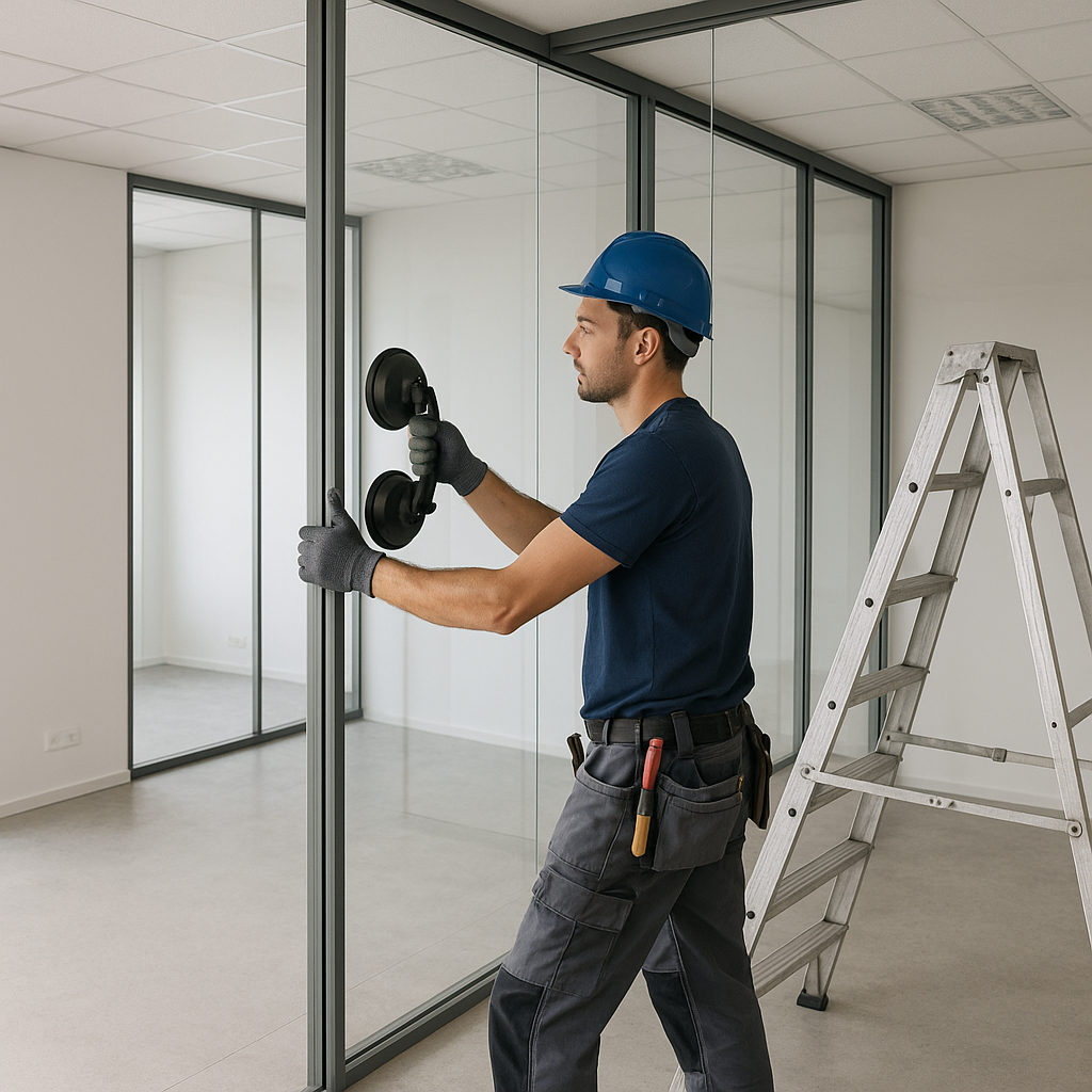 Construction worker installing glass partitions in a modern office using a suction cup lifter, with a ladder nearby and metal frames in the background.