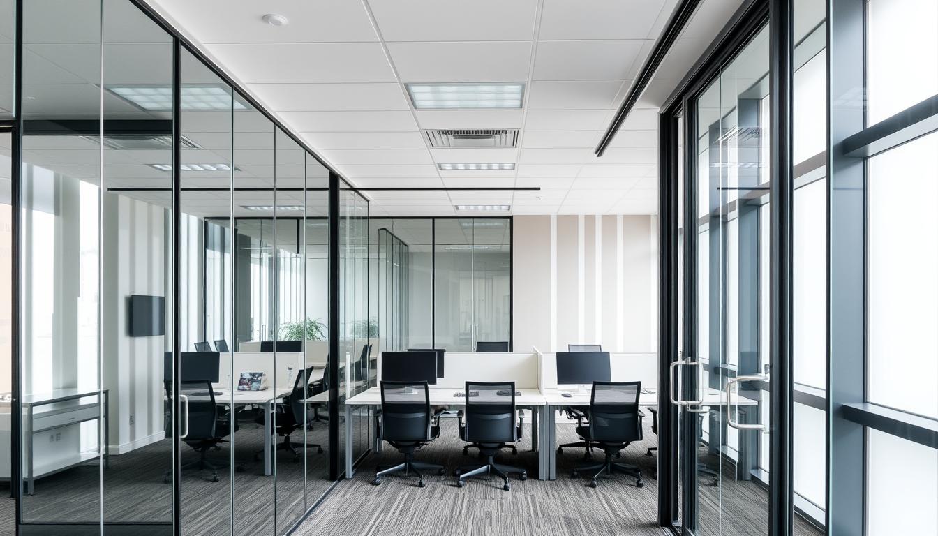 Modern office space divided by sleek glass wall partitions, providing transparency and sound separation for collaborative work environments.