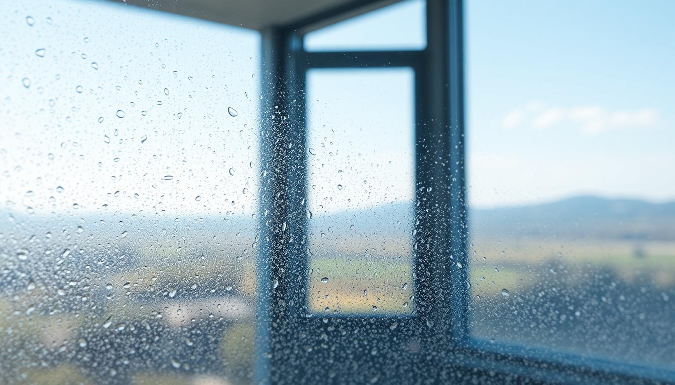 Close-up of a window with visible condensation and water droplets on the glass, indicating moisture buildup and potential insulation issues.
