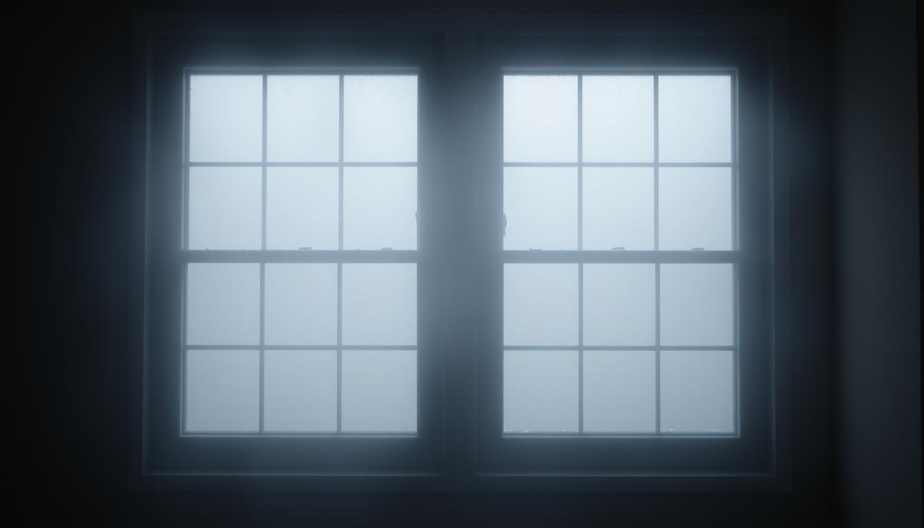 Interior view of foggy double pane windows with visible condensation between the glass layers, indicating seal failure and the need for window replacement.