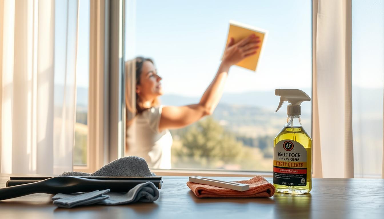 A woman Trying to clean a large foggy window glass with a cloth while using tools and a window cleaner.