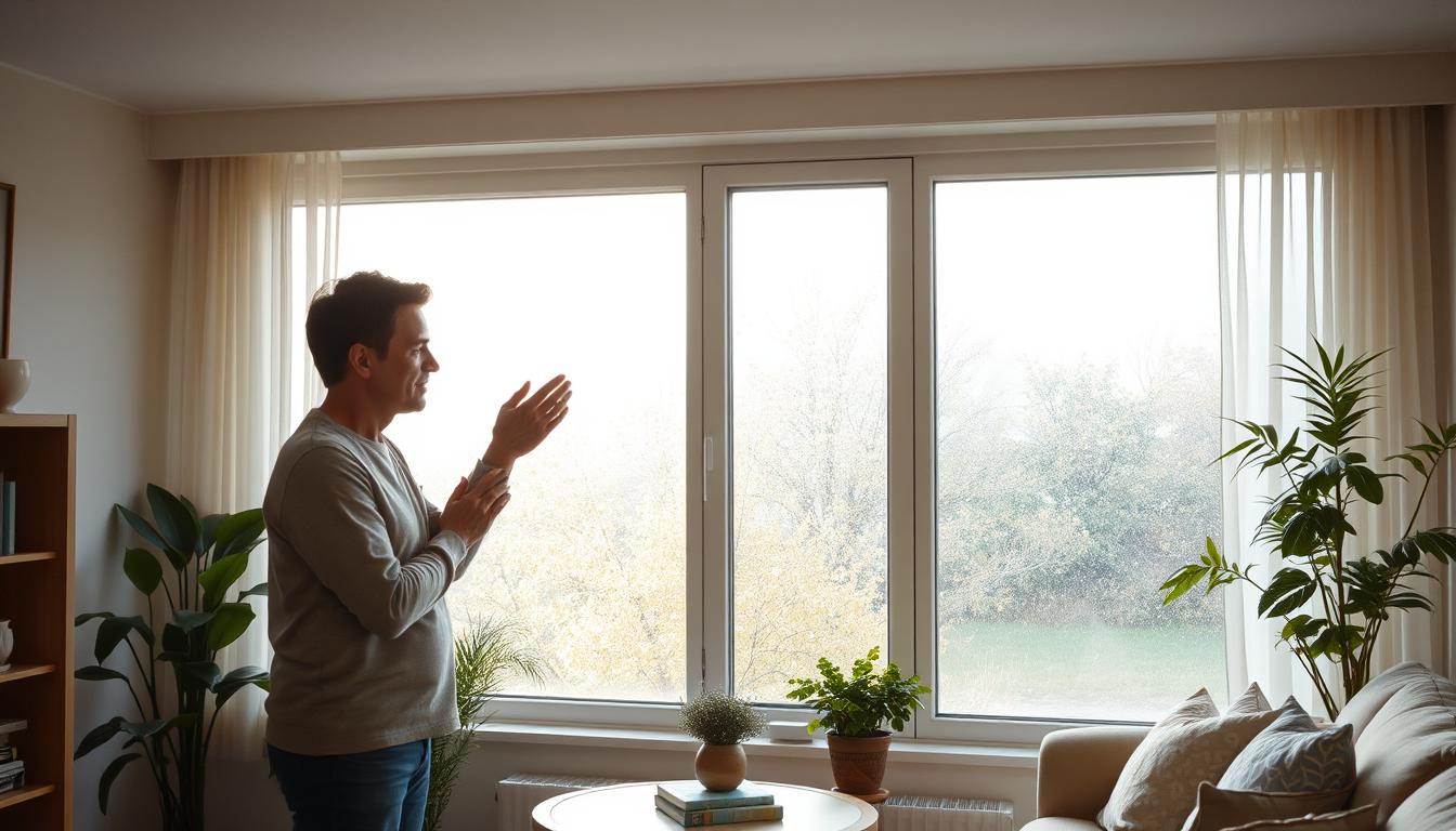 A man inspecting condensation buildup on a large living room window, highlighting issues related to window condensation in a residential setting.