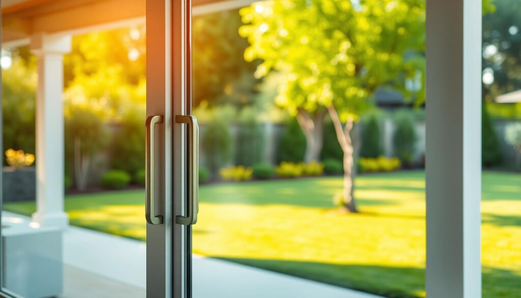 Modern patio glass door replacement with sleek handles, opening to a sunlit backyard with green lawn, trees, and landscaping.