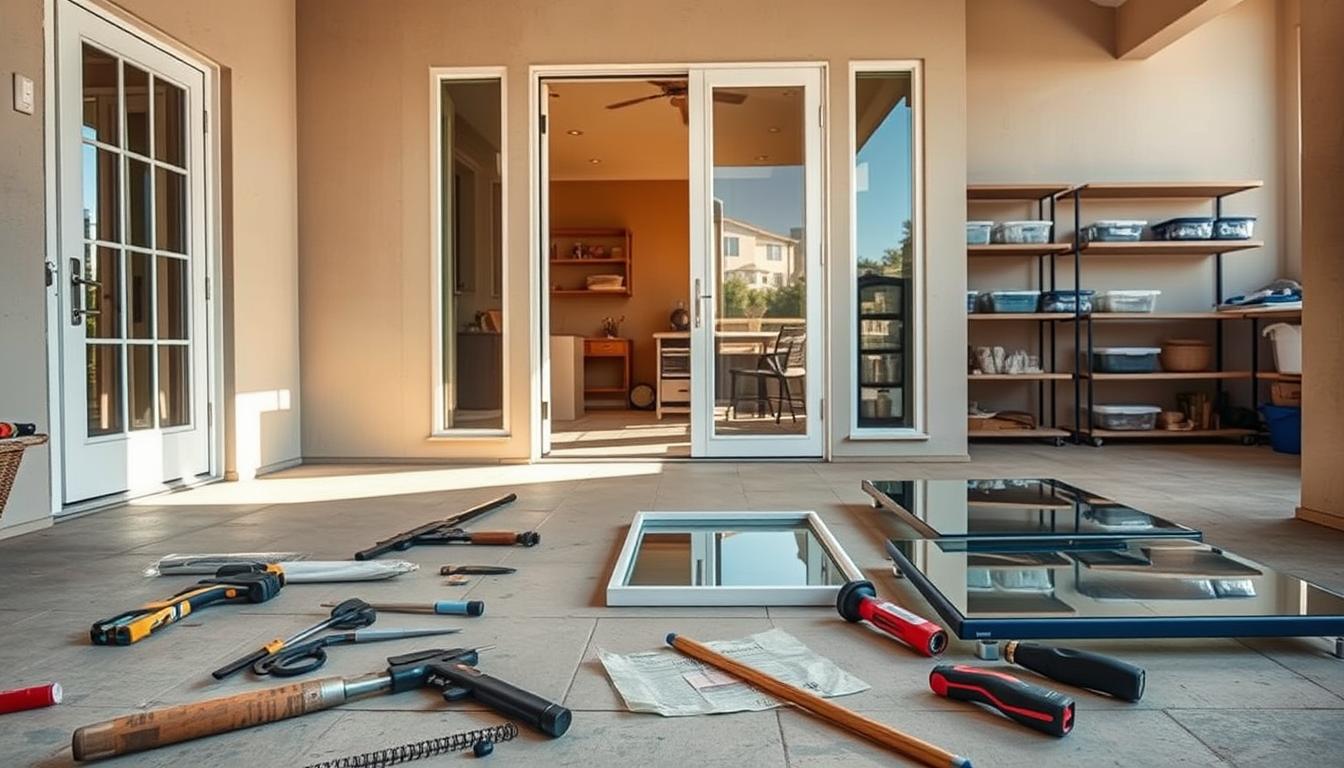 Patio glass door replacement process in progress with tools, glass panels, and frames laid out on the floor, set in front of a partially open door leading into a well-organized indoor space.