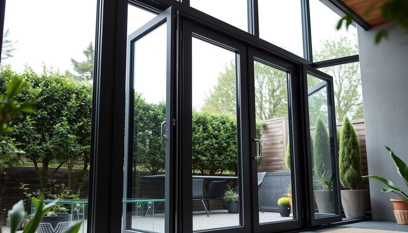 Energy-efficient patio glass doors with black frames, featuring multiple panels and double glazing, opening to a modern outdoor space with greenery and patio furniture.
