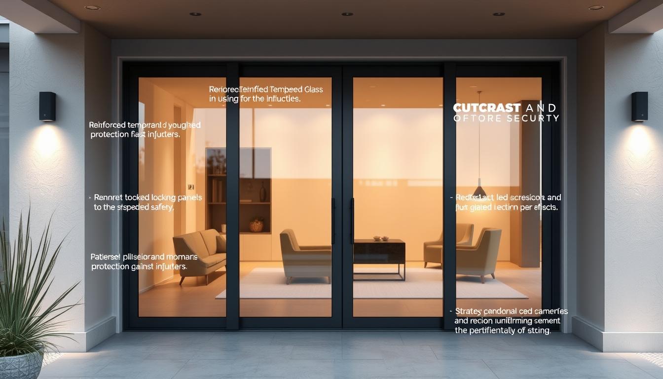 Patio glass doors with dark frames featuring highlighted security features, such as reinforced tempered glass, secure locking mechanisms, and safety enhancements, viewed from outside a contemporary home