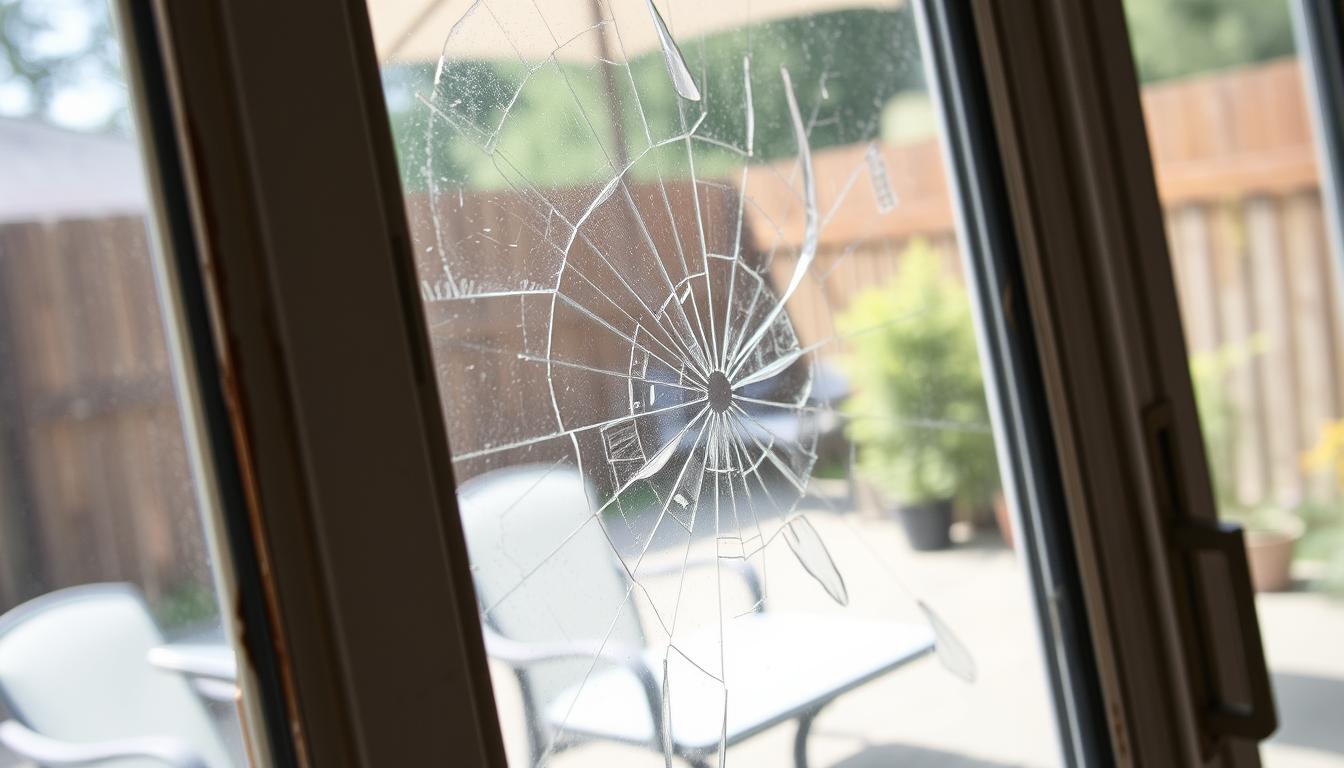 Cracked patio glass door with spiderweb-like damage, viewed from indoors looking out onto a backyard with patio furniture and wooden fencing — in need of glass repair.