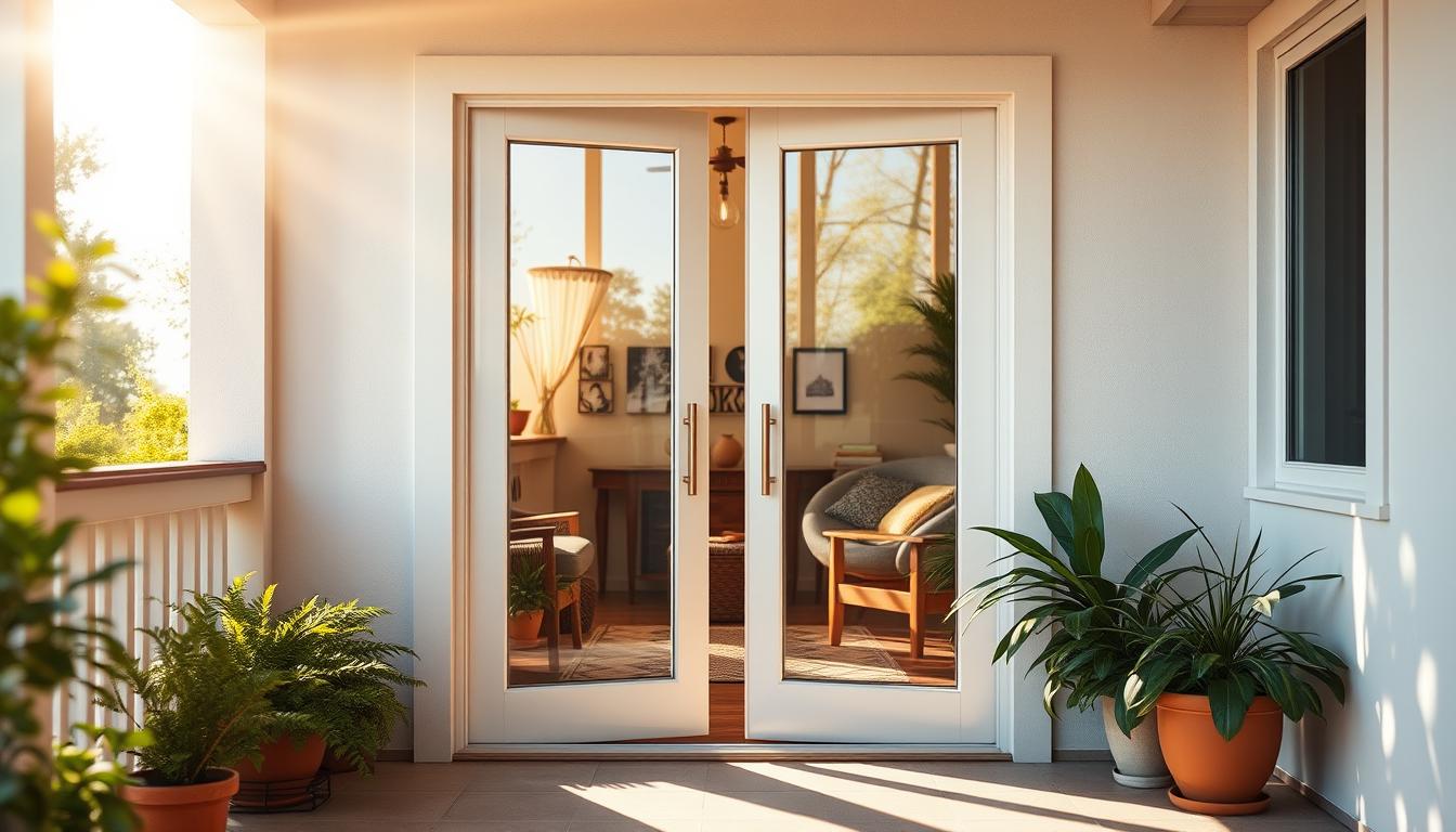 Elegant patio glass doors with white frames, reflecting outdoor sunlight, opening into a cozy, well-decorated living room with indoor plants and natural light.