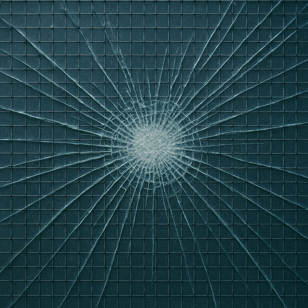 Shattered laminated security glass showing spiderweb-like cracks, with embedded wire grid for enhanced impact resistance and safety.