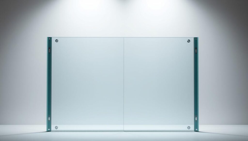 Tempered security glass panel with metal framing, showcased under studio lighting, designed for high-impact resistance and safety applications