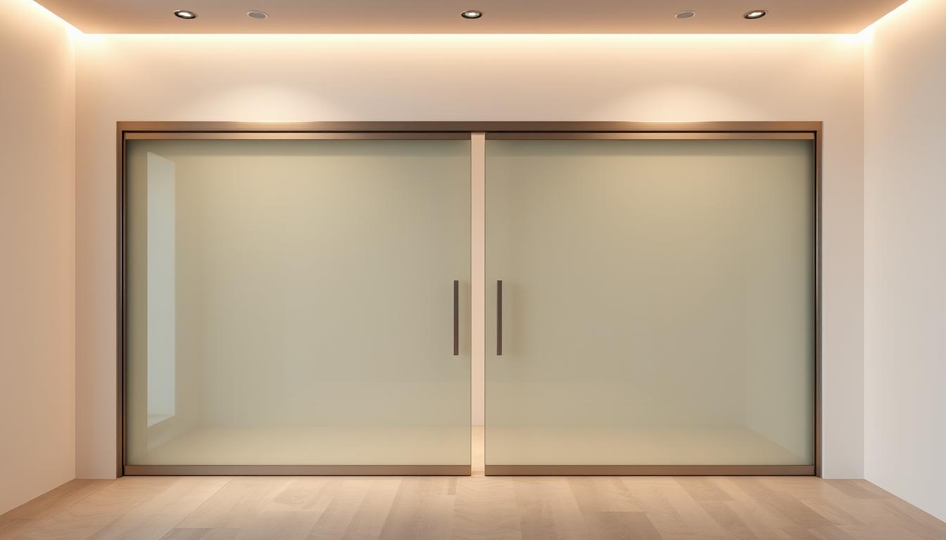 Frosted glass sliding doors with metal frames and vertical handles in a modern, minimalistic interior space.