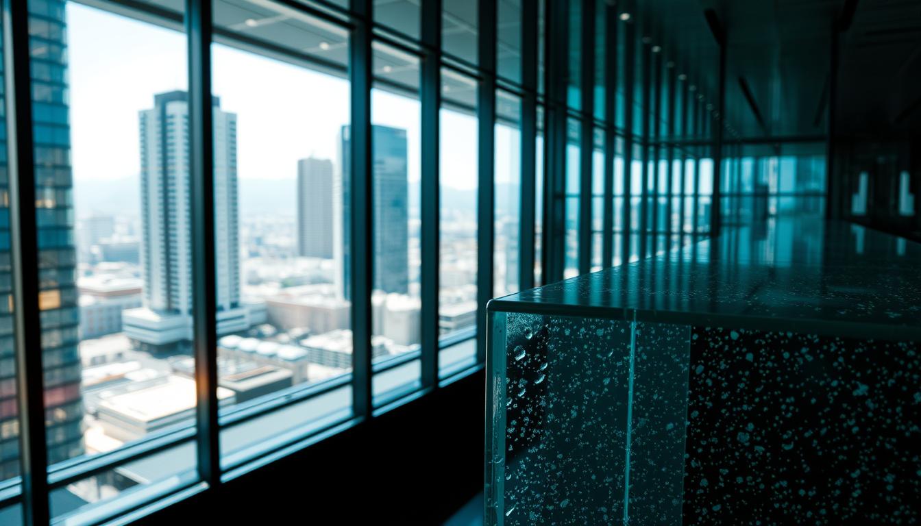Commercial high-rise interior featuring floor-to-ceiling security glass windows, offering cityscape views and enhanced protection in modern office applications.