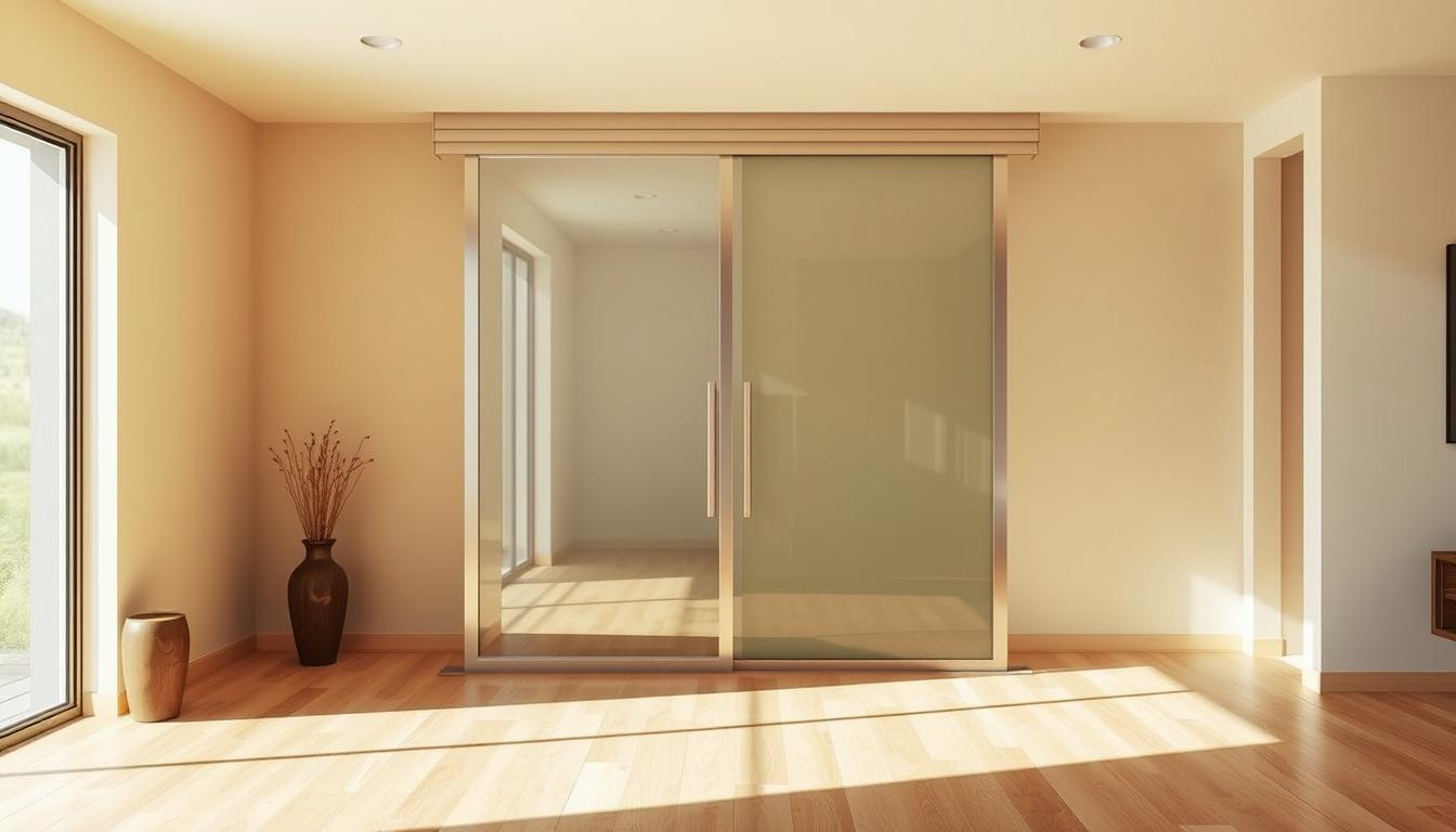 Energy-efficient sliding glass door system with dual panels, sleek metal frame, and natural light streaming into a modern, sunlit living space.