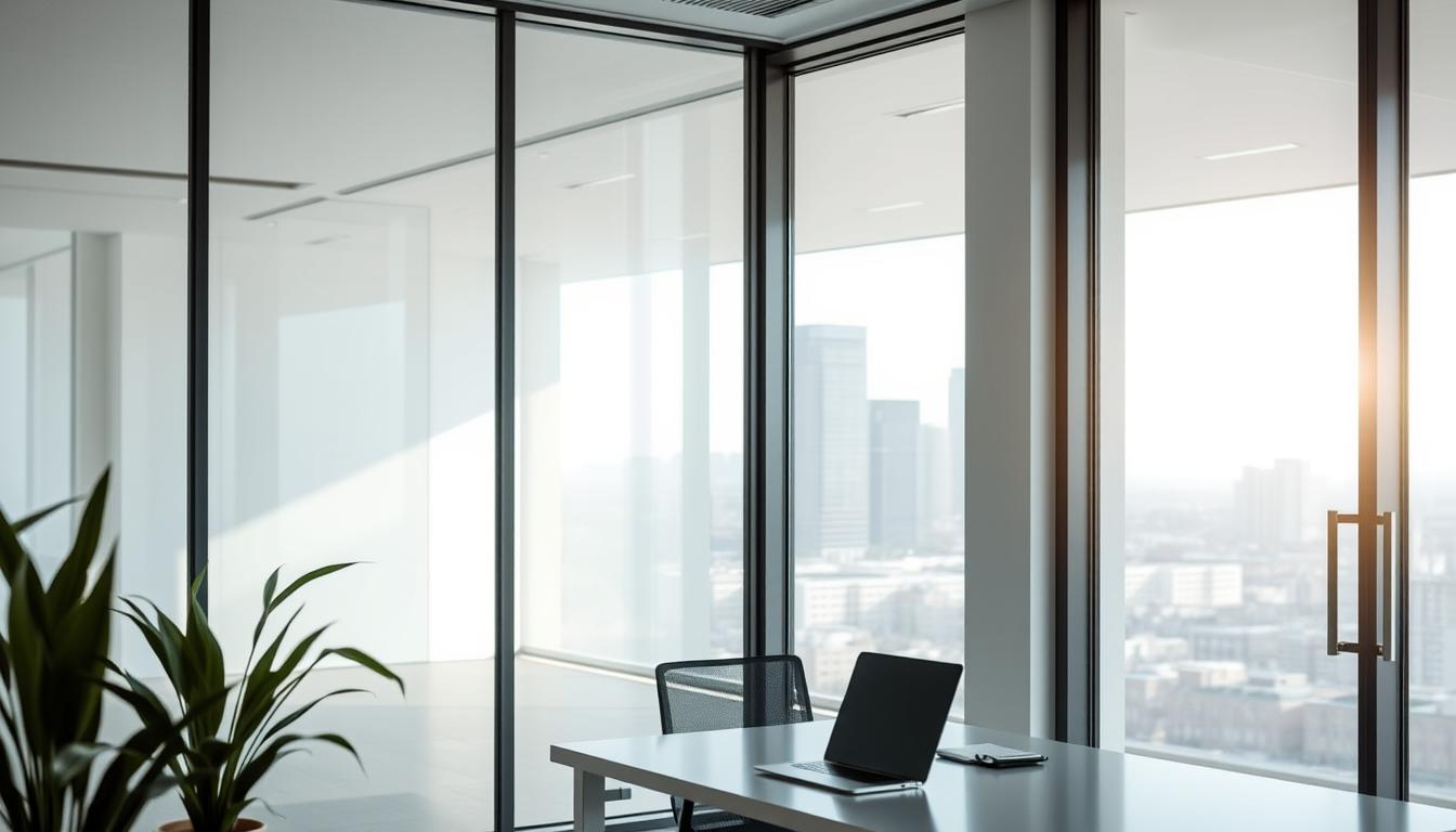 Modern office with floor-to-ceiling security glass walls, highlighting the benefits of natural light, enhanced safety, sound insulation, and a sleek professional design.