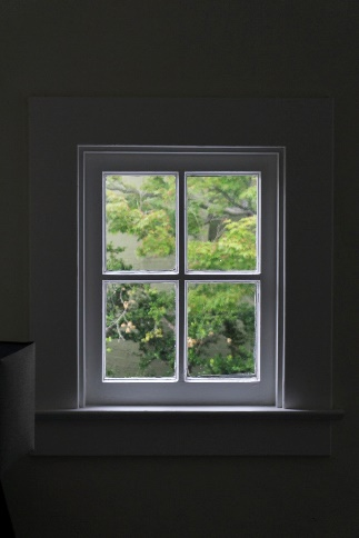 A wood and glass window