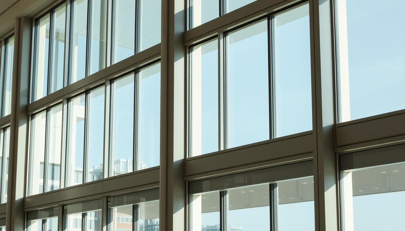 Modern commercial building with large energy efficient windows designed for optimal natural light and thermal performance.