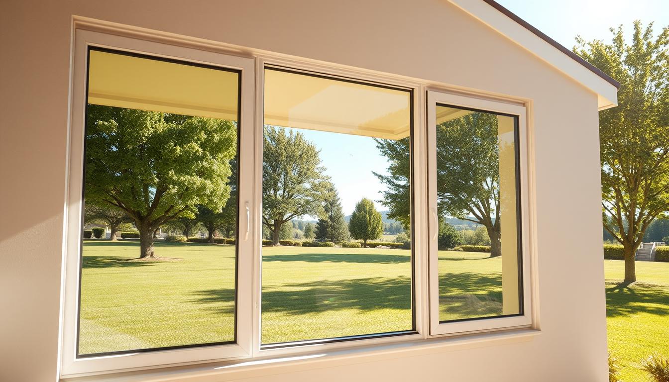 Energy-efficient windows with a clear view of a landscaped lawn and trees, designed to enhance insulation and reduce heat transfer.