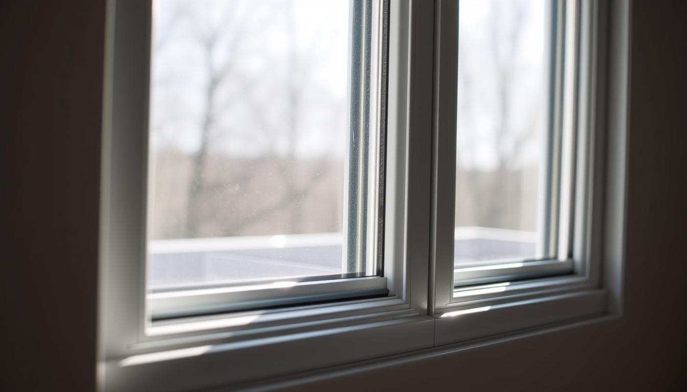 Close-up view of Low-E energy-efficient windows with dual-pane glass and insulated frames, designed to minimize heat loss and improve indoor comfort.