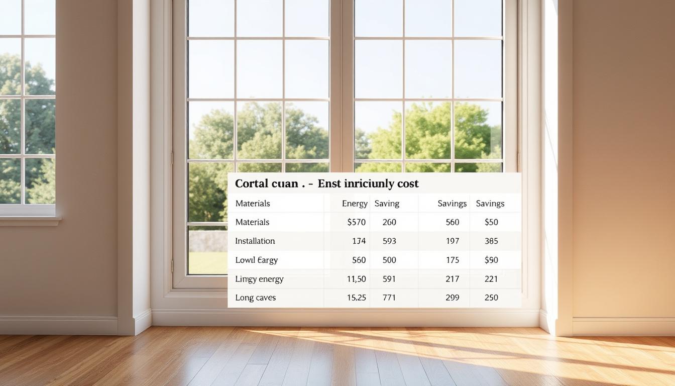 Cost comparison chart for energy-efficient windows displayed over large double-pane windows, showing estimated savings and expenses for materials, installation, and energy usage.