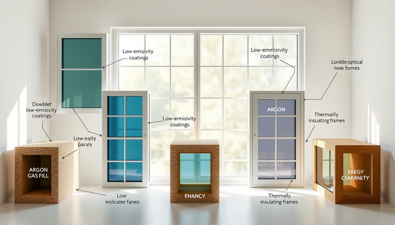 Diagram displaying energy-efficient window materials, including low-emissivity coatings, argon gas fill, thermally insulating frames, and labeled glass components to enhance insulation and clarity.