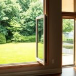 Large energy-efficient windows and glass doors in a modern home, offering natural light and insulation while overlooking a landscaped yard and city skyline.