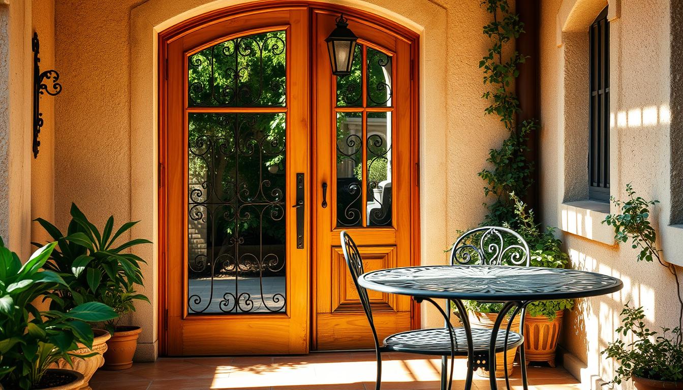 French patio door with decorative wrought iron design, set in a warm stucco exterior with potted plants and a wrought iron bistro table on the patio.