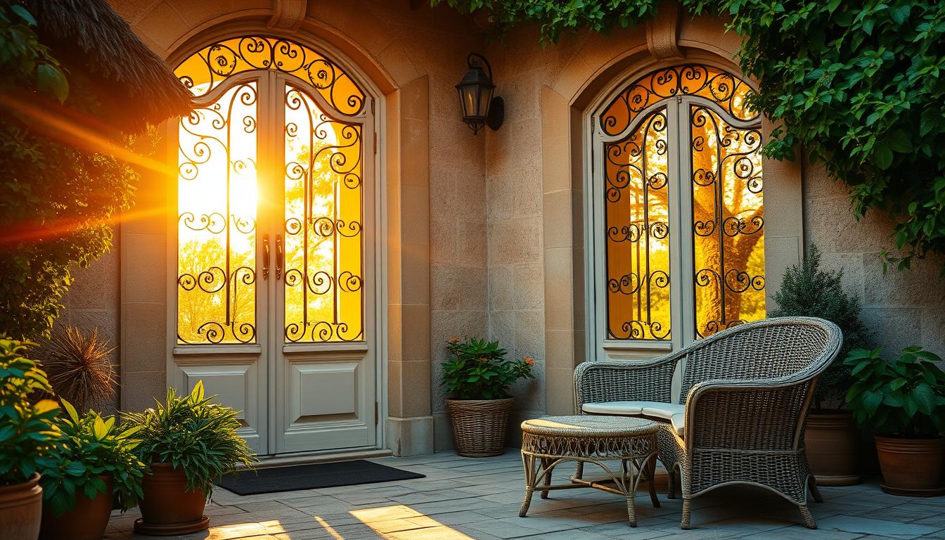Elegant French patio doors with decorative wrought iron detailing, glowing in the warm sunset light, surrounded by potted plants and wicker patio furniture in a cozy outdoor seating area.