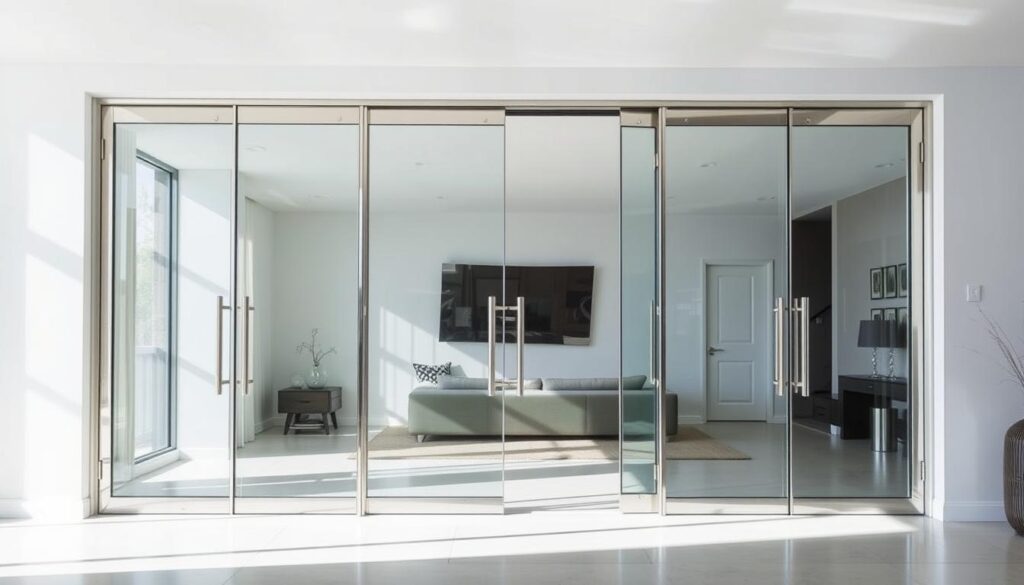 Frameless glass doors with stainless steel handles separating a bright living space with a TV and sofa set.