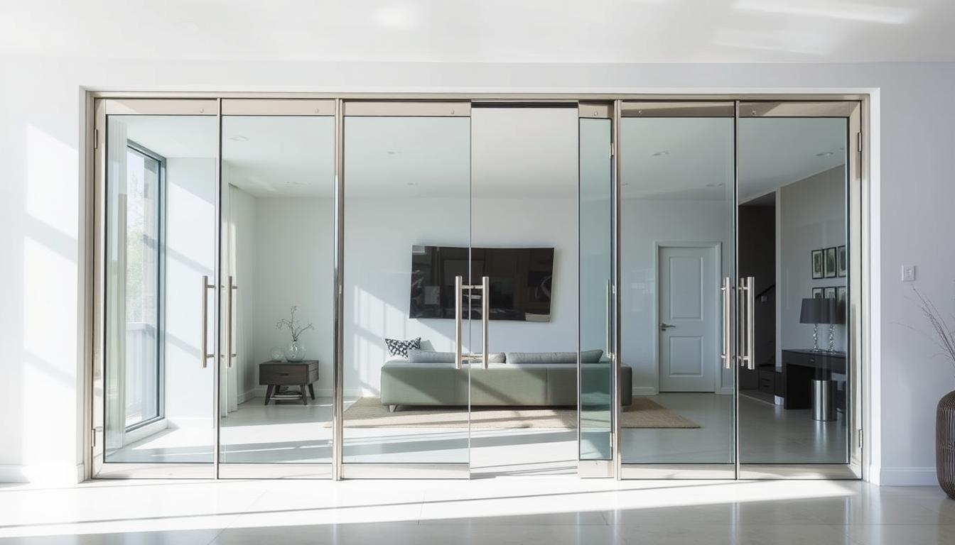 Frameless glass doors with stainless steel handles separating a bright living space with a TV and sofa set.