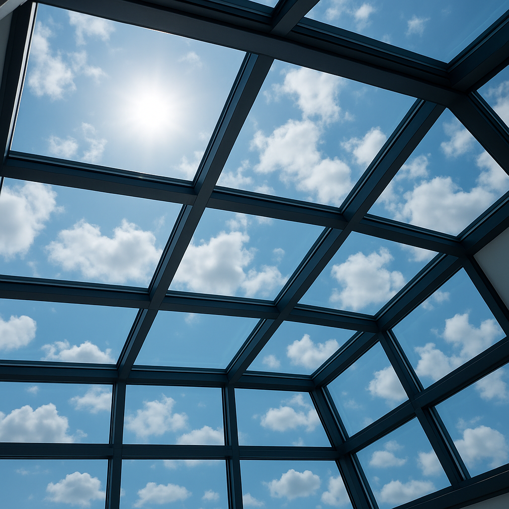 skylight glass roof with a grid frame structure, showing a clear blue sky and scattered clouds with sunlight shining through.