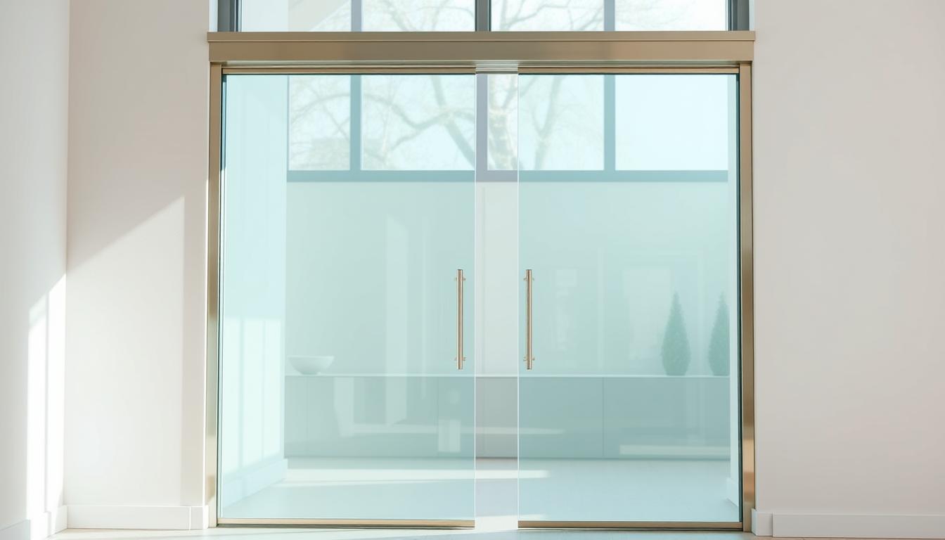 Energy-efficient double glass doors with sleek metal frames in a modern interior, designed to reduce heat transfer and enhance natural lighting.
